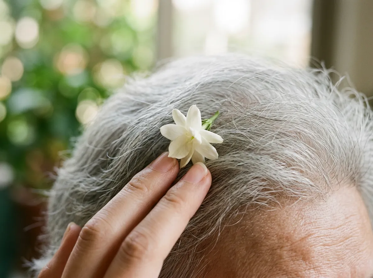 阿爾瑪護理師把一朵茉莉花別在長輩的白髮上 / An Alma nurse tucks a jasmine flower into an older woman's grey hair